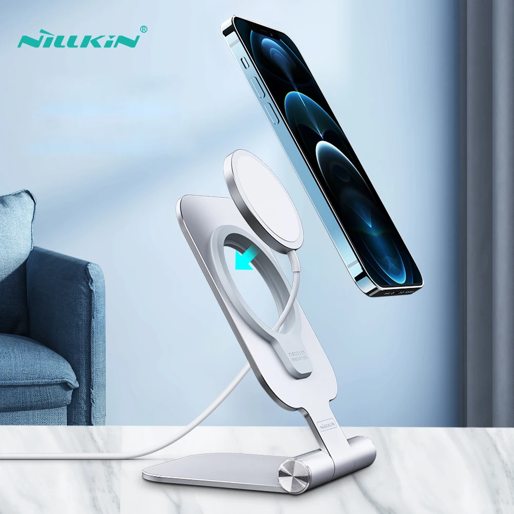 

NILLKIN Phone Charger Holder For iPhone 12mini 12 Pro Max Foldable Aluminium Alloy Magnetic Wireless Fast Charging Phone Stand