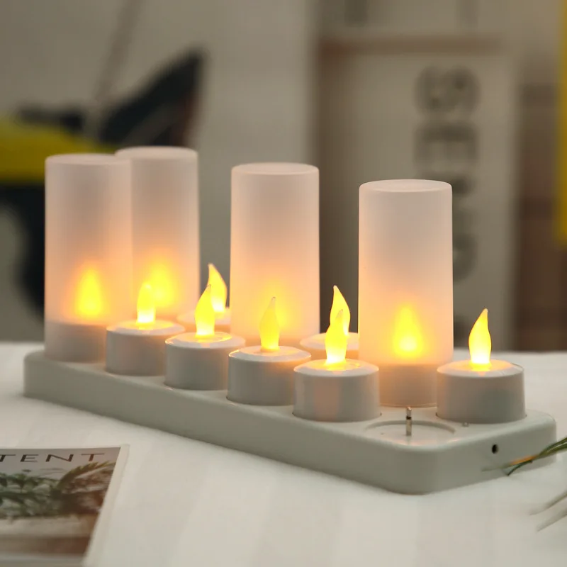 EU/UK/US/AU Plug 12 Seat Rechargeable Flickering LED Yelllow Lights Candle With Holder For Wedding Dinner Partys Flame Shaped | Дом и сад
