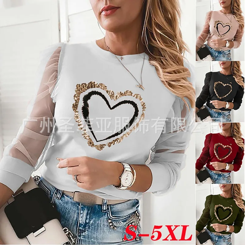

2022 women's new style hot sale round neck sequined mesh sweatshirt top heart-shaped printed sweatshirt loose large size 5XL top