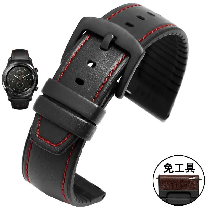 black red-black 22 мм кожаный браслет для huawei Watch GT magic watch 2pro Смарт-часы в деловом стиле Замена 2 в 1 кожаный силиконовый ремешок - Цвет ремешка: black red-black