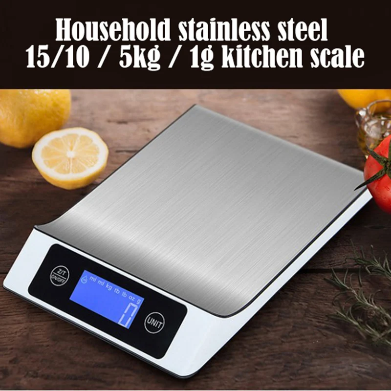 

15kg/1g Electronic Kitchen Scale Digital Food Scale Stainless Steel Weighing Scale LCD High Precision Measuring Tools New