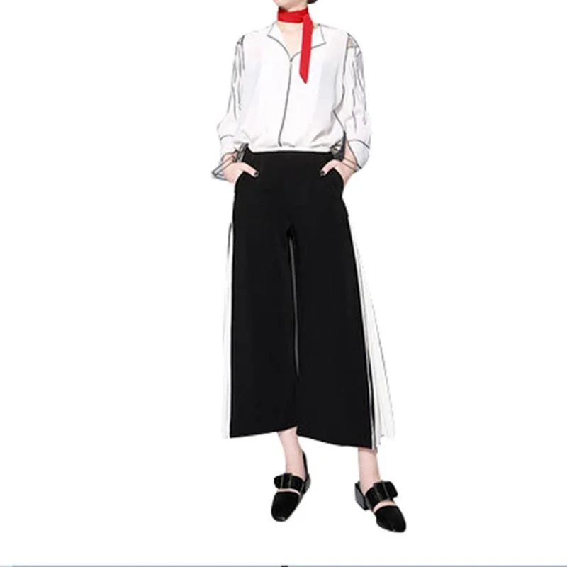 

Women's wide-leg pants 2021 unique stitching pleated wide-leg pants chiffon culottes women's ninth pants casual pants