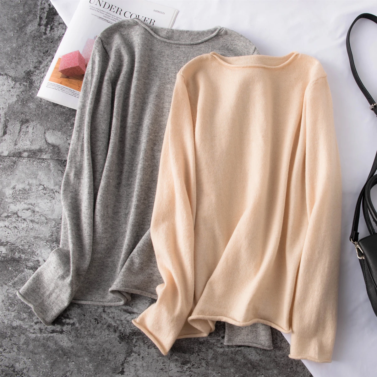 Женский шерстяной свитер тонкий Однотонный пуловер с круглым вырезом