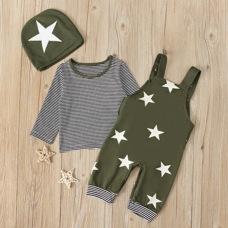 

3PCS Newborn Baby Girl Boys Clothes Sets 0-3Y Striped Star Print Tops T-shirt Romper Jumpsuit Pants Hat Outfit Cotton Clothes