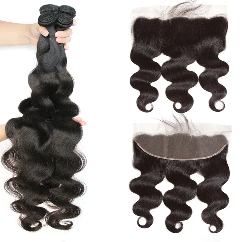 Fashow Malaysian Body Wave Human Hair 3 Bundles With Frontal Closure 100% Transparent HD 13X4 Ear to Lace | Шиньоны и парики