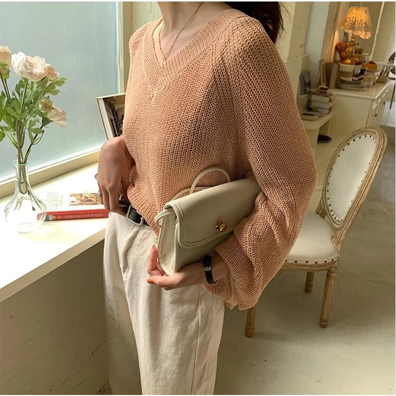 

Новинка 2020, женские свитера на осень и зиму, сексуальный пуловер с v-образным вырезом, минималистичный корейский вязаный свитер CL485