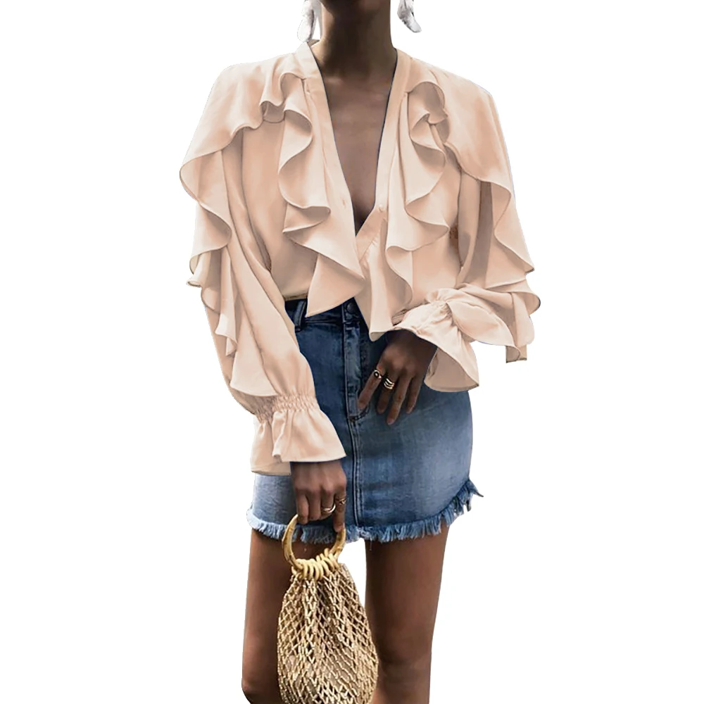 Женские топы и блузки с оборками v-образным вырезом модные шифоновые сексуальные