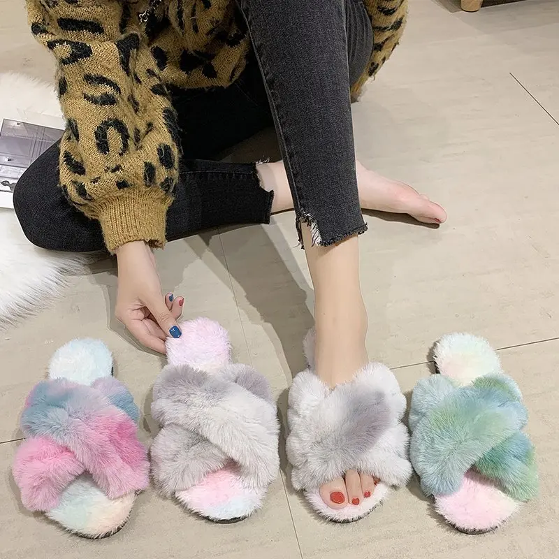 

Home Slippers Faux Fur Warm Shoes Woman Slip on Flats Female Fur Flip Flops Fashion Cross Shape Warm Shoes Woman Slip on Flats