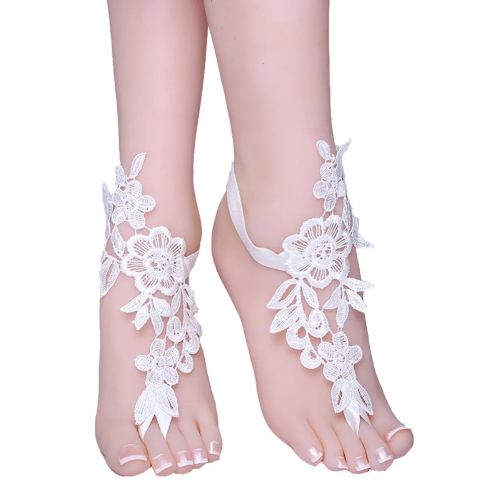 

1 Pair Lace Wedding Barefoot Sandals Anklets Shoes With Toe Sandbeach Bridal Beach sunbathing 2020