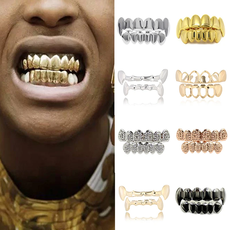 New Hip Hop Gold Teeth Grillz Top &amp Bottom Grills Dental Mouth Punk Caps Cosplay Party Tooth Rapper Funny Jewelry Gift |