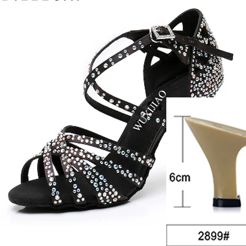 black heel 6cm WUXIJIAO Женская танцевальная обувь для вечеринки Атласная блестящая обувь для латинских танцев с мягкой подошвой и стразами Женская обувь для сальсы heel5CM-10CM - Цвет: black heel 6cm