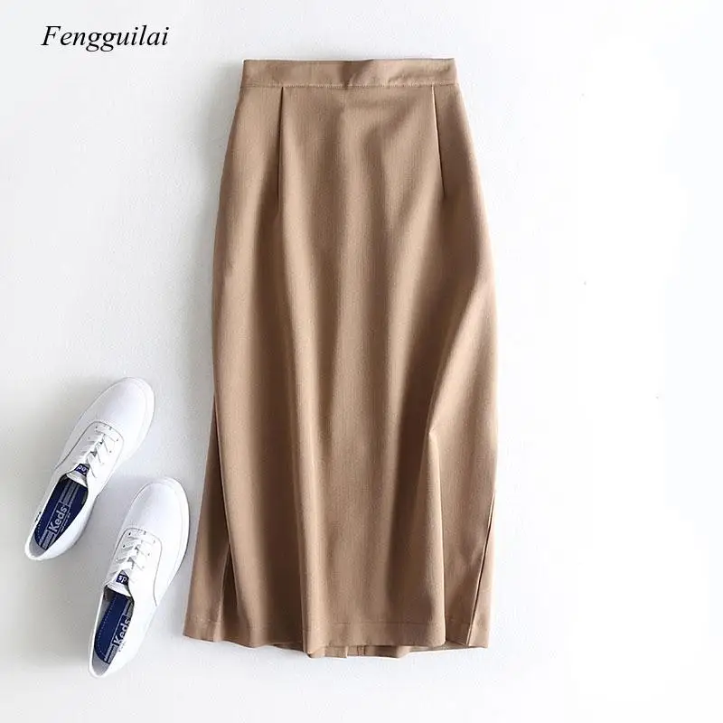 

2020 Autumn Women Solid Elastic High Waist A-Line Skirts Women Office Lady Split Elegant Skirts Faldas Saia Khaki