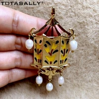 totasally party brooches for women enamel flower lantern spikesfreshwater pearl chains brooch pins costume accessories dropship