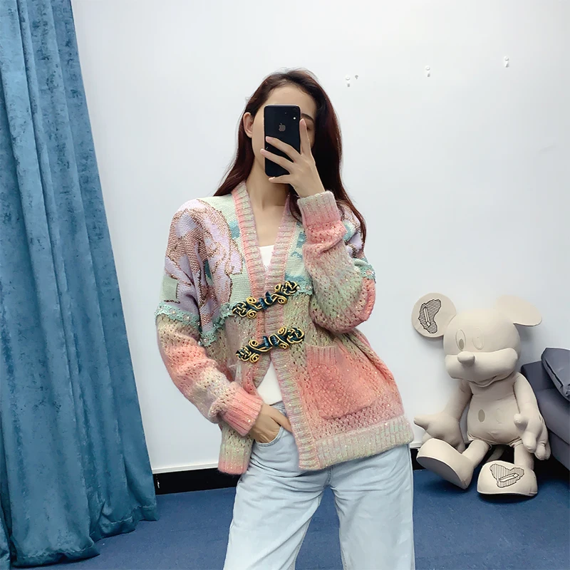 Ladies' autumn new sweater coat women's versatile jacquard buckle stitching temperament knitted cardigan