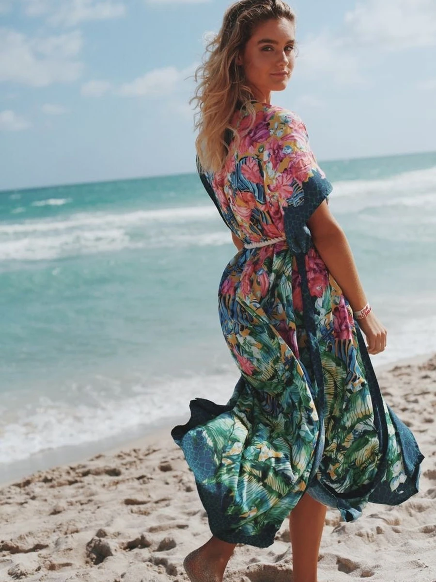 Кимоно из пеньковой веревки с принтом аквариума и рыбок Пляжная накидка бохо