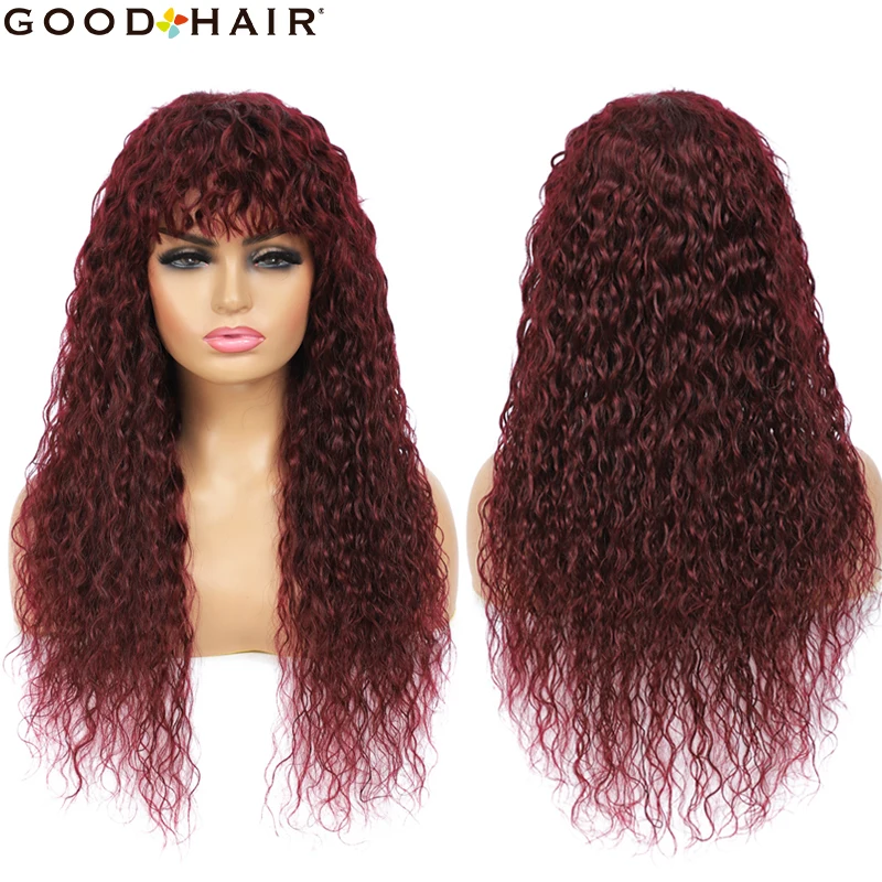 

GOOD Water Wave Human Hair Wigs With Bangs Brazilian Human Hair For Black Women Curly Wig With Bang Remy Hair Darker Color