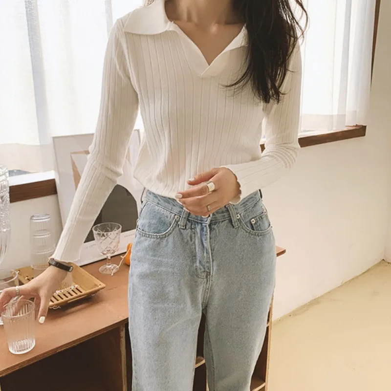 

Autumn Winter Bottoming Sweater Women Casual Solid Color Tops Female Lapel Pullover Tops