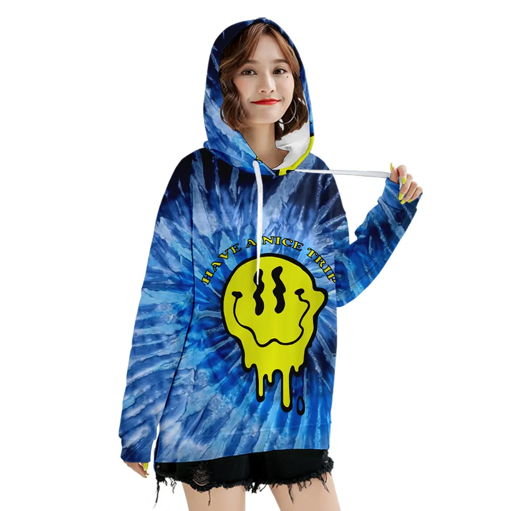 

2021 Autumn New Tie-dye smiley 3D Digital Printing Men's Women's Fashion Casual Long-sleeved Pockets Hoodie