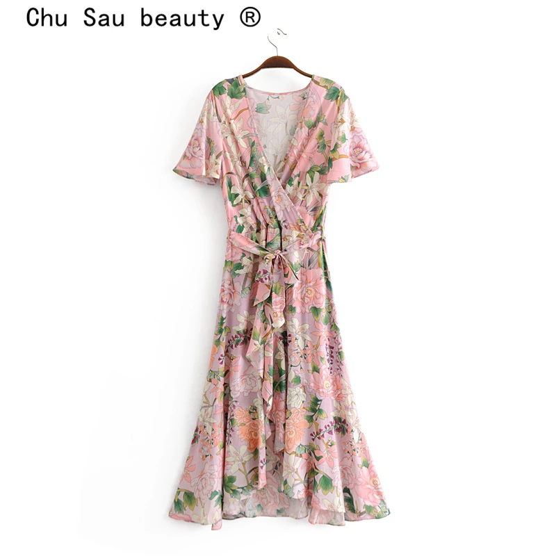 Женское платье миди с цветочным принтом Chu Sau beauty Пляжное длинное поясом и