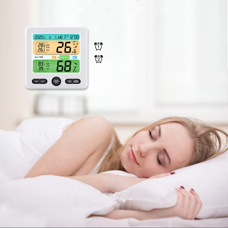 

High Precision Digital Display Thermometer Hygrometer Mini Weather Station Indoor Household Wall-Mounted Thermometer Alarm Clock