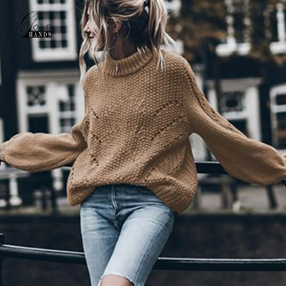 Gold Hands Women's Sweaters Autumn Warm Ladies Pullovers Hollow Out Loose Knitted Lantern Sleeve Solid Pullover Sweater Female | Женская