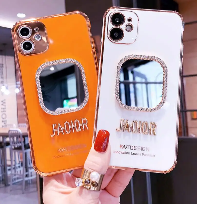 

Diamond Phone Case For Apple Iphone 7 8 PLUS X XS XR XSMAX 11 PRO MAX 12 PRO Mini Mirror Love Makeup Mirror Tempered Glass Cover