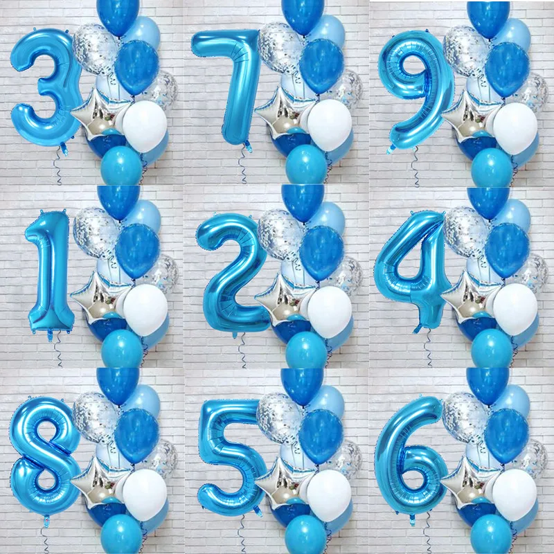 

0-9 Number Blue Silver Balloons Set Star Helium Latex Confetti Ballon Happy Birthday Party Baby Kids Favor