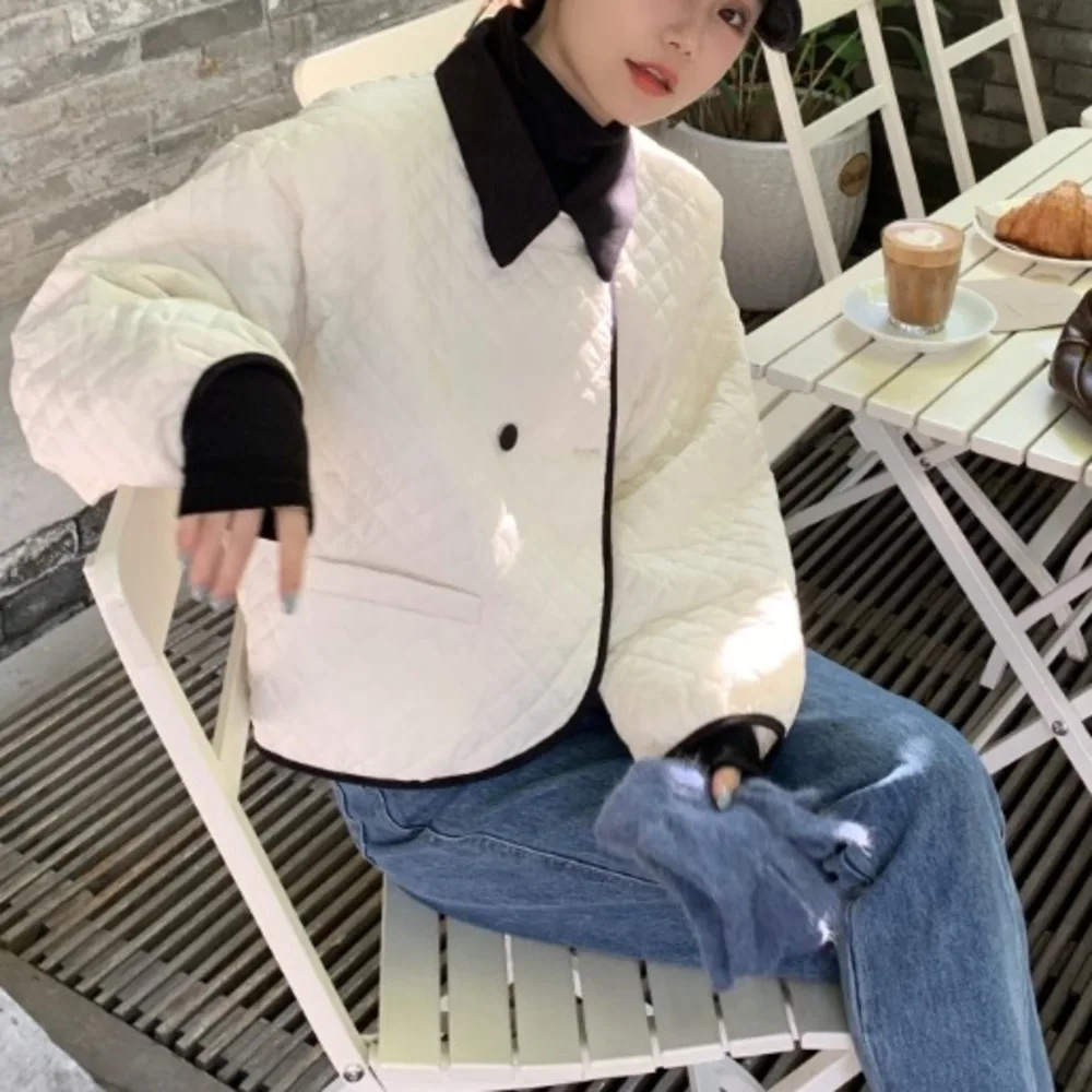 

Contrast Color Lapel Design Feeling Ling Grid Cotton Jacket Loose Warmth Autumn Winter Versatile Long Rac