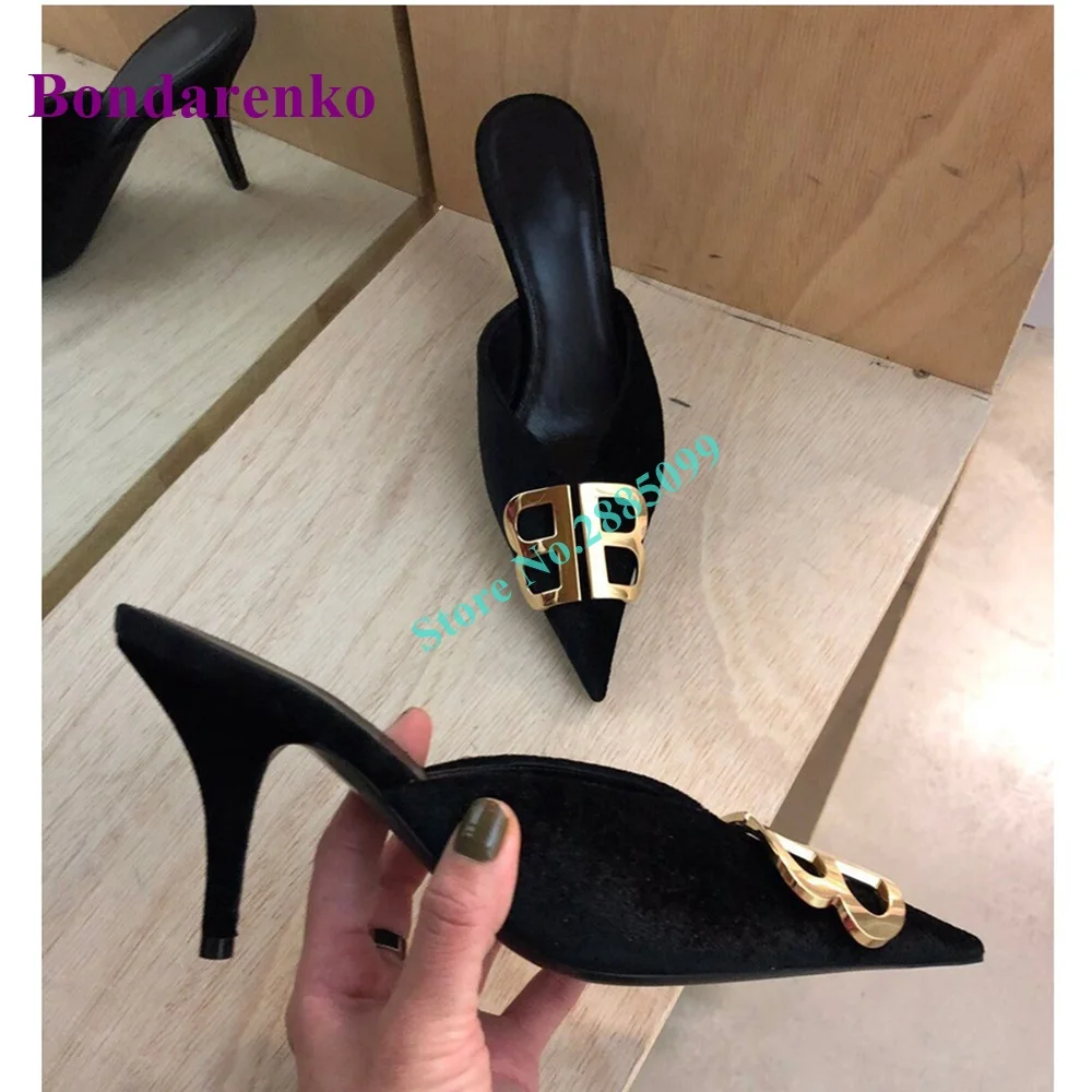 

Muller Pointed Toe Solid Slippers Thin High Heels Metal Decor Shallow Slip On Hot Sale Summer Spring Women Party Dress Slippers