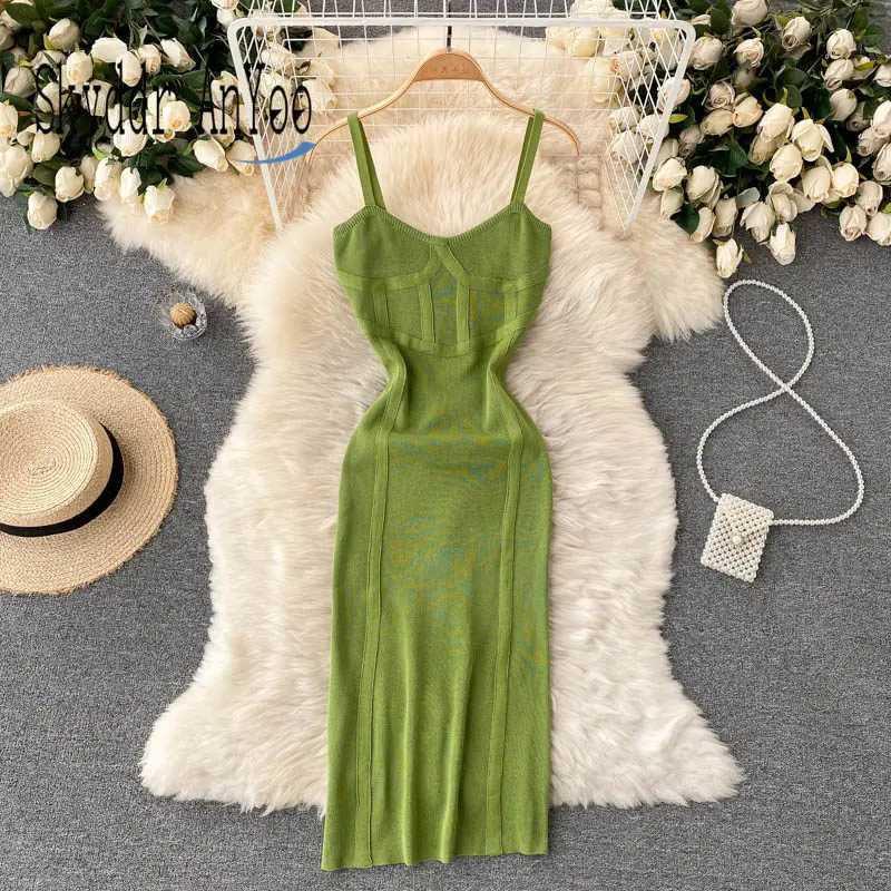 

Summer Women Bodycon Knitted Dress Sleeveless Backless Sexy Party Dresses Elastic Knee-Length Elegant Woman Autumn Dress