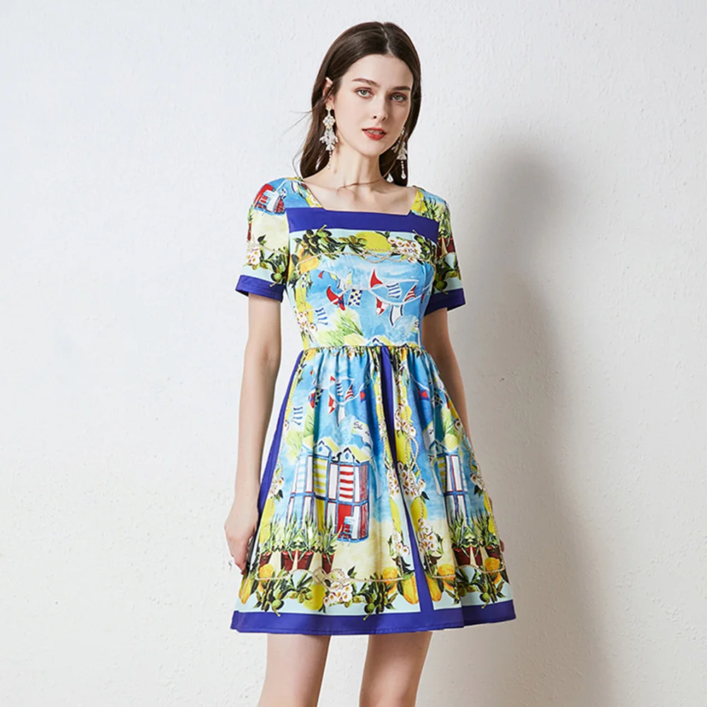 

Элегантный квадратный вырез Цветочный принт взлетно-посадочной полосы короткое платье; летнее платье для женщин с коротким рукавом Мини Ве...