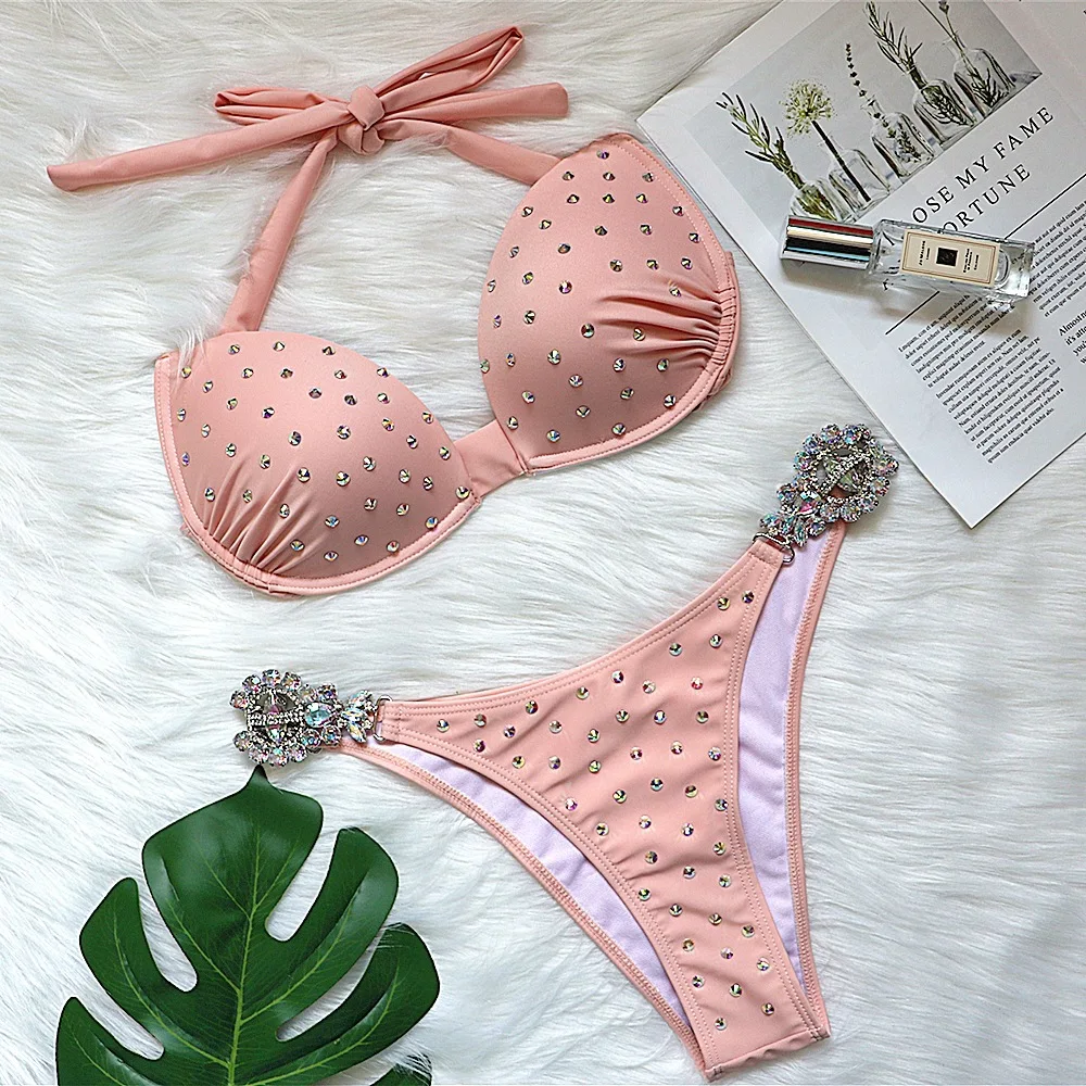 High Quality 2020 NEW Women Beading sexy bikini pink Bodysuits Bandage swim suit Knitted biquini wholesale