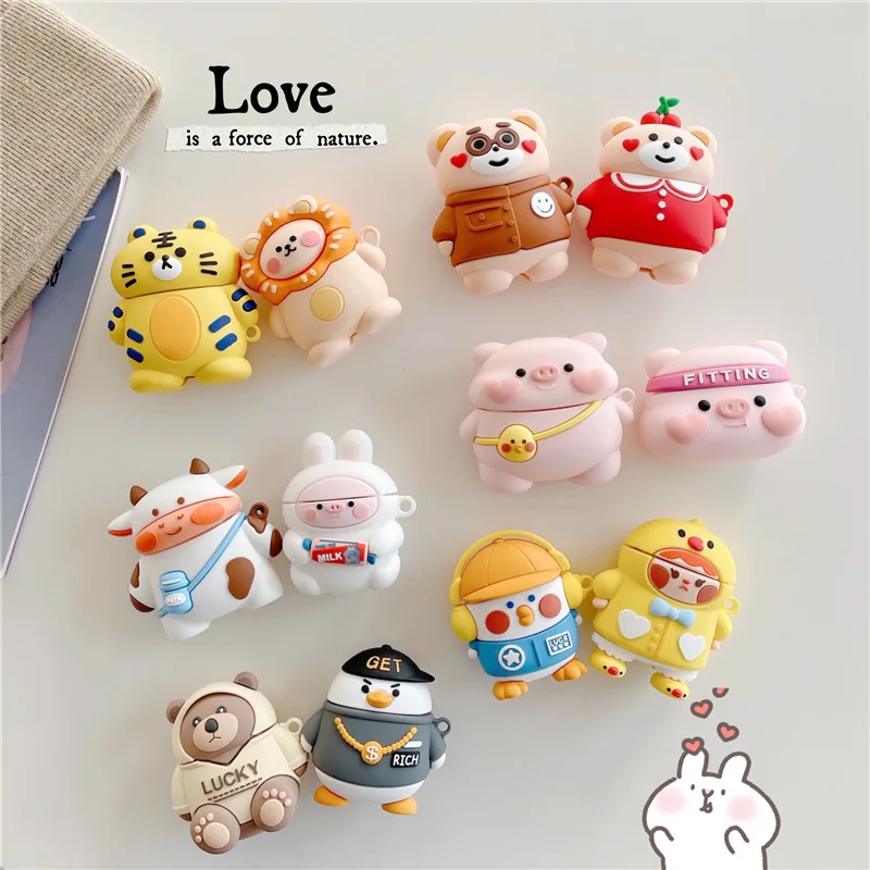 

For AirPod 2 Case 3D Cute Cartoon Pig Tiger Lion Bear Duck Rabbit Cow Chick Soft Silicone Cases For Apple Airpods 1 Case Cover