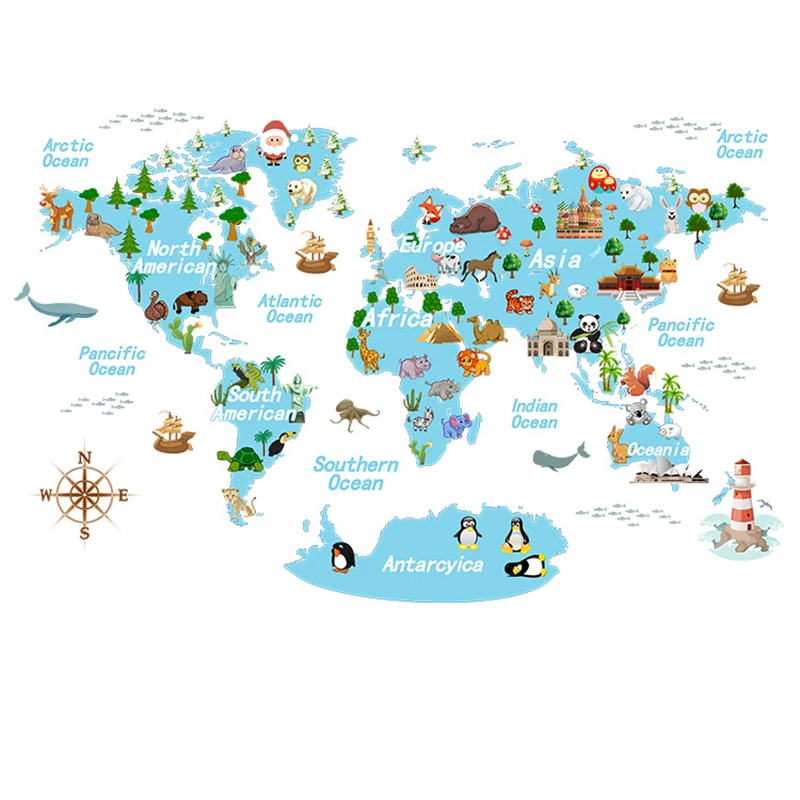 

Big World Map Cartoon Animals Wall Decal Office Classroom Decoration Vinyl Wall Sticker Home Living Room Room Wall Sticker