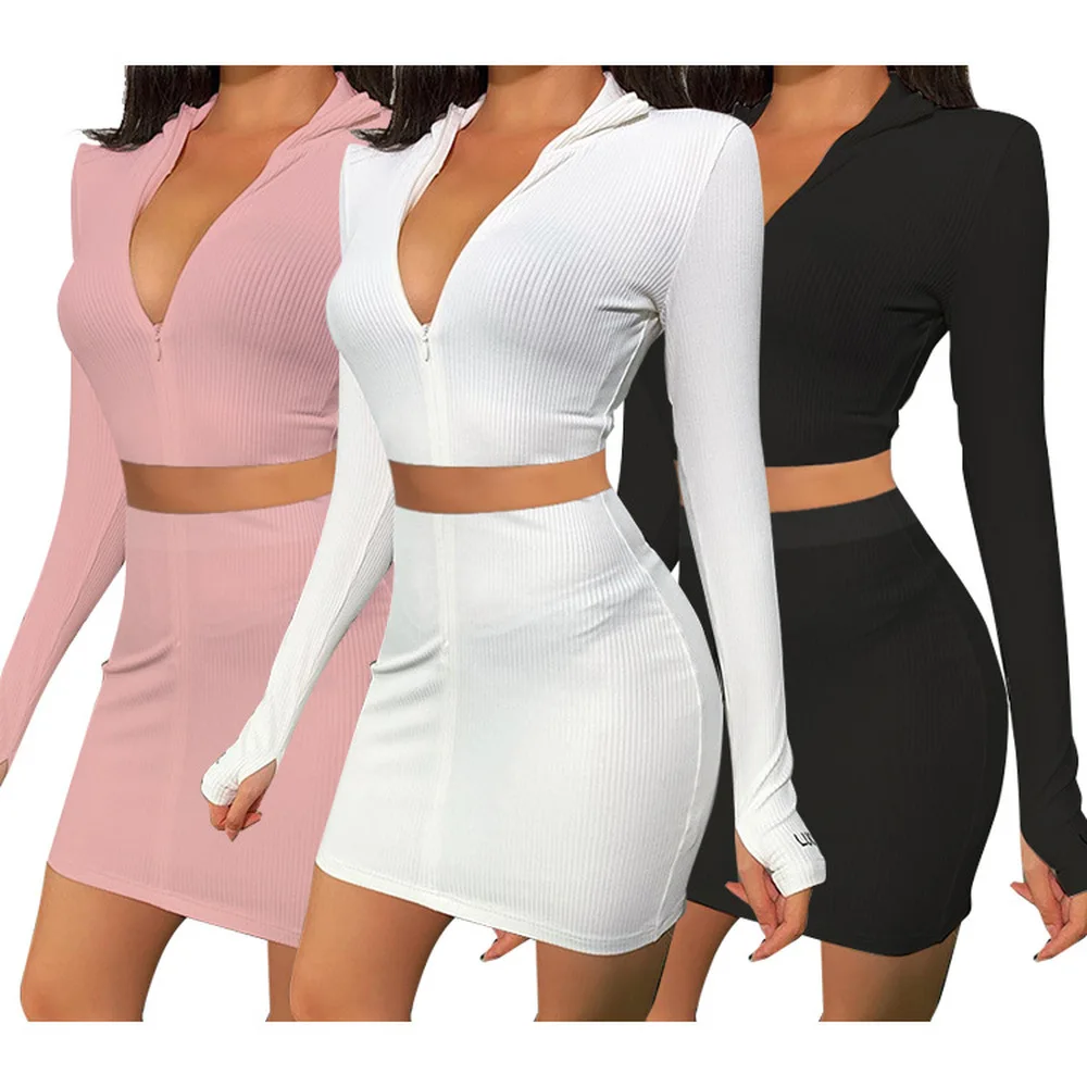 

Rib Knitted Fitness 2 Piece Matching Sets Women Turtleneck Long Sleeve Crop Top+slim Fit Mini Skirts Active Wear Fall Clothing