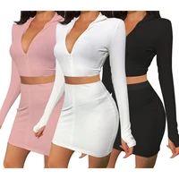 rib knitted fitness 2 piece matching sets women turtleneck long sleeve crop topslim fit mini skirts active wear fall clothing