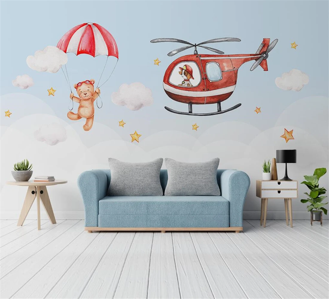 

Custom wallpaper Cartoon hand drawn animal skydiving airplane children's room background wall home decoration 3d wallpaper