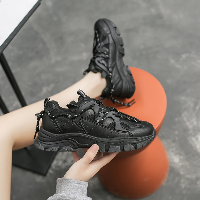 

2021 Women's Chunky Sneakers Fashion Women Platform Shoes Lace Up Vulcanize Shoes Woman Female Trainers Running Tenis Dad Shoes