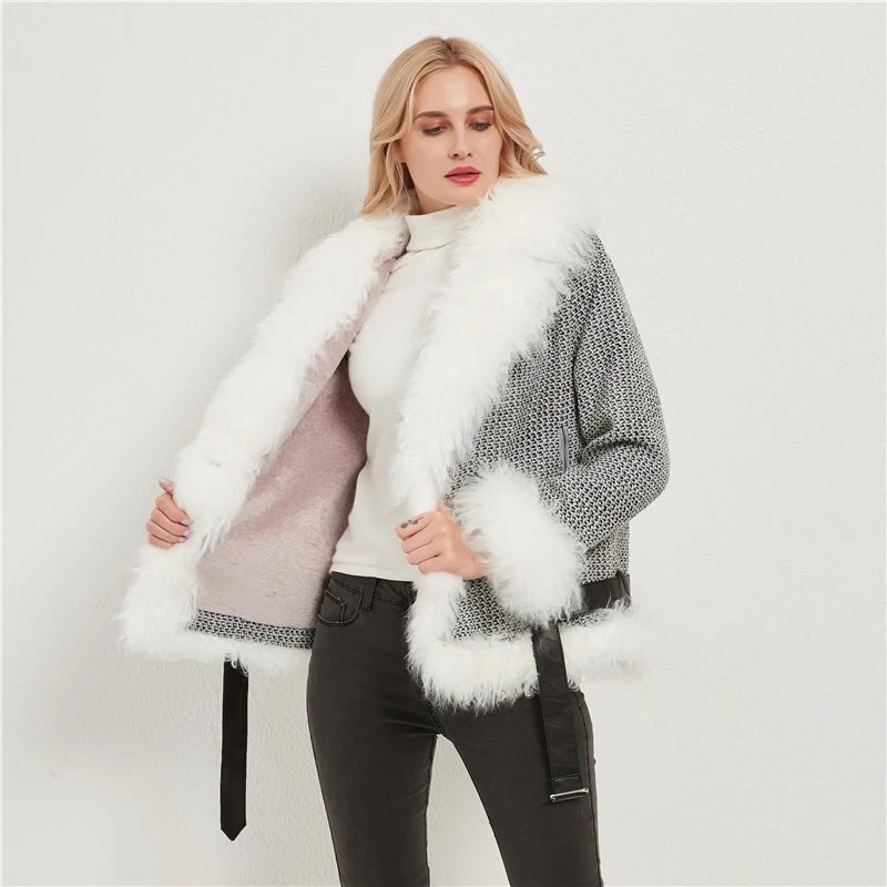 Short Parkas Women Real Fur Coat Female Office Lady Winter Warm Thick Sheep Hair Collar Pockets Turn-Down Collar Plaid Jacket
