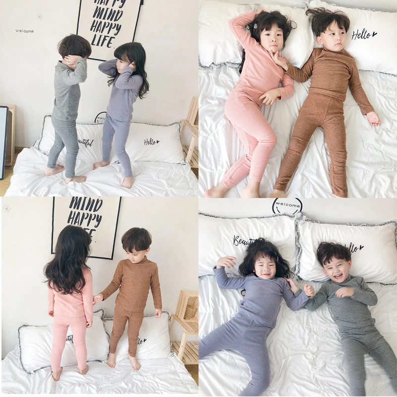 Комплекты для мальчиков и девочек детские пижамы полосатый топ с высоким