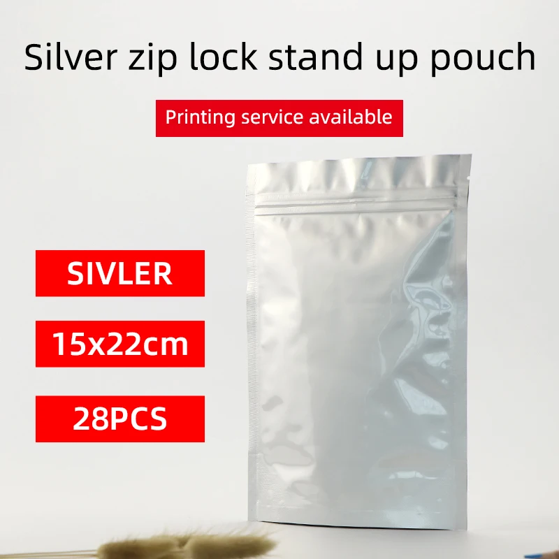 

15x22 см 28 шт. стоячий мешочек с молнией серебристая алюминиевая фольга пакет с застежкой-молнией перезаряжаемый чай кофе пищевой пакет