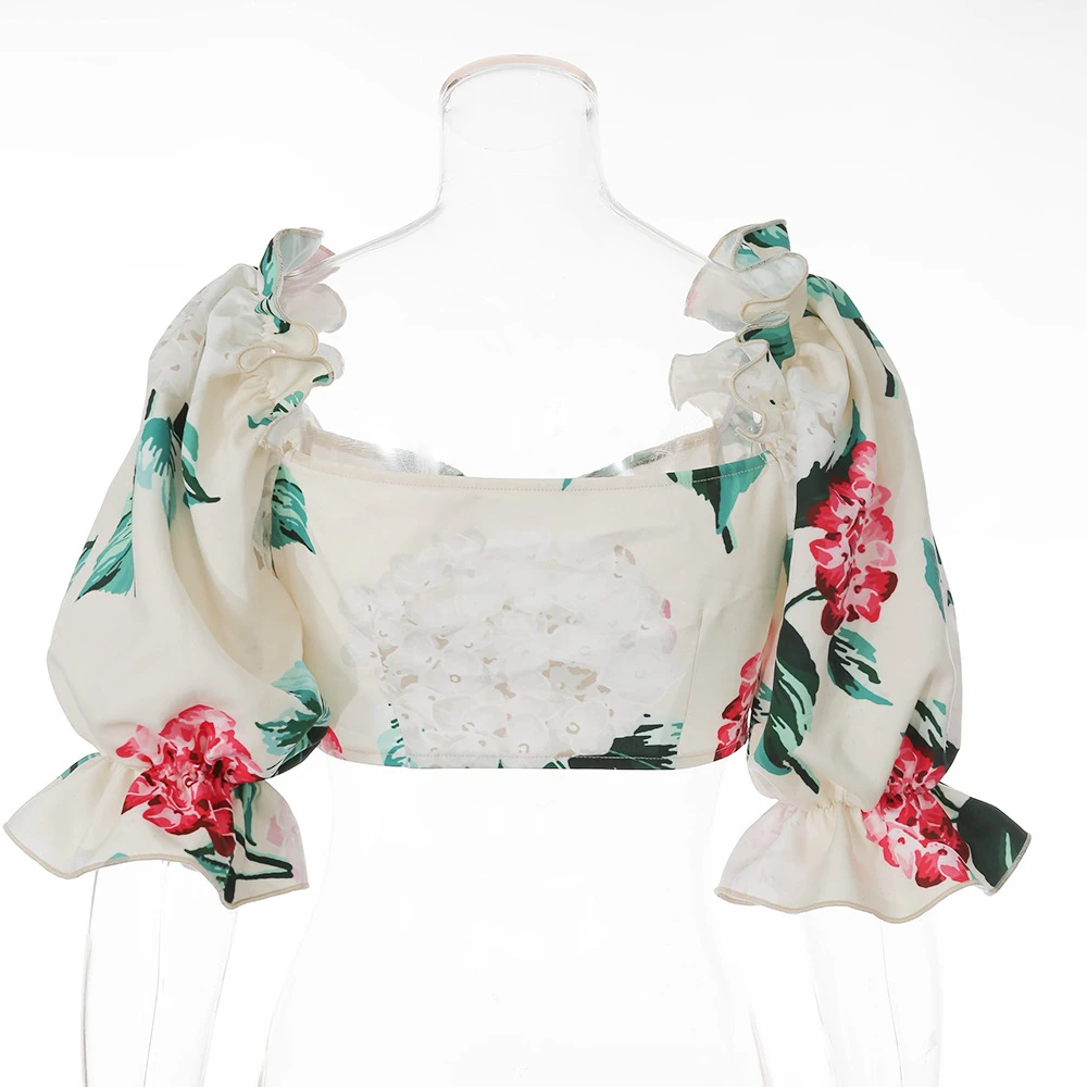 

2020 Women Summer Floral Printed Puff Sleeve Crop Blouse Female Designer Square Neck Low Cut Tank Top Short T Shirt For Women