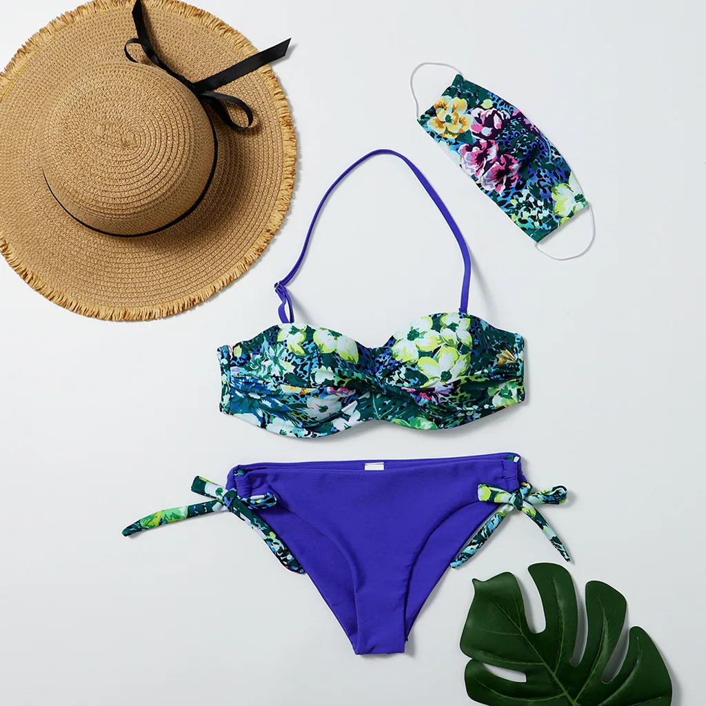 Маска купальник из 3 предметов женское бикини с цветочным принтом сексуальный