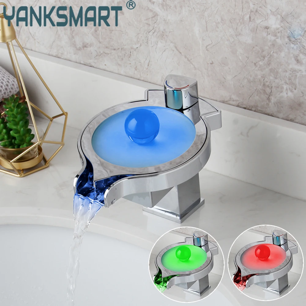 

YANKSMART LED Chrome Polished Bathroom Faucet Basin Sink Waterfall Deck Mounted Faucets Washbasin Hot And Cold Mixer Water Tap