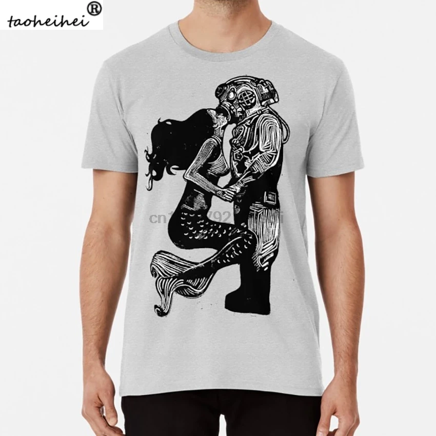 Моя подводная любовь футболка linocut русалка поцелуй дайвер линопечать