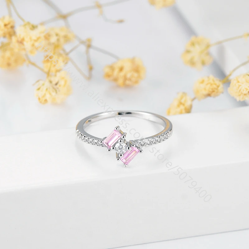 

Dainty pink sapphires ring white Gold plated rectangle pink CZ Delicate ring Minimalist Promise Engagement ring for women