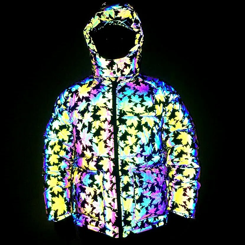 

Maple Leaf Winter Coat Men Thick Warm Reflective Jackets Mens Hip Hop Harajuku Style Parkas Loose Colorful Streetwear Oversized
