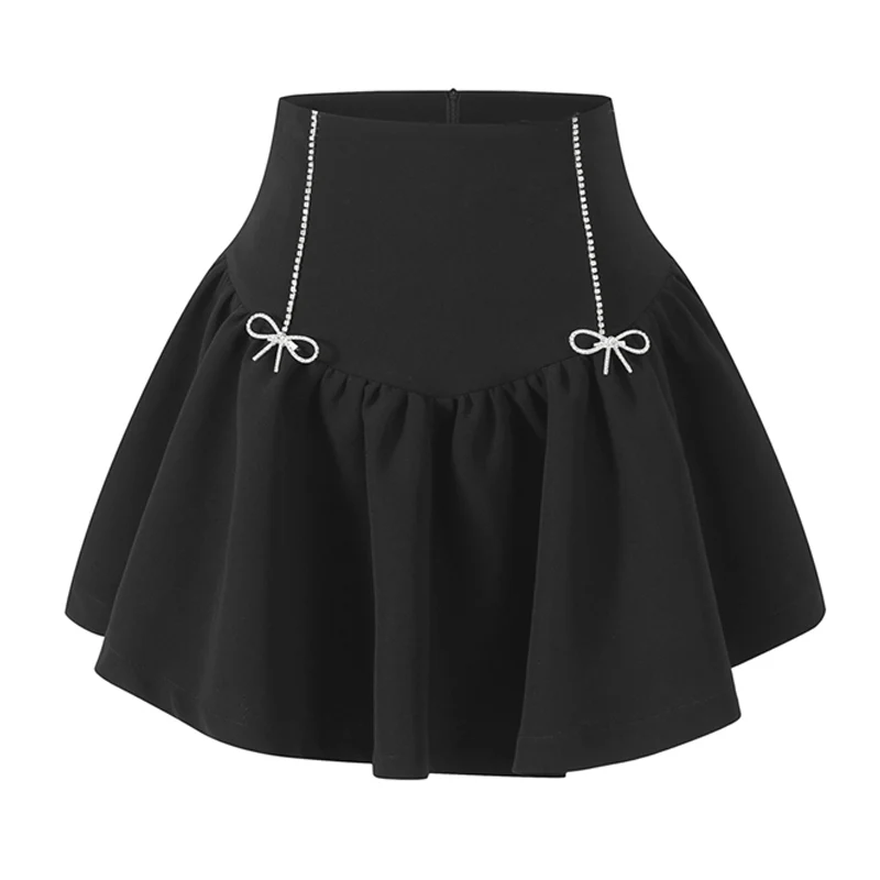 

VANOVICH Autumn and Winter New Korean High-waisted Beading Bowknot Puffy Skirt Solid Fashion Casual Mini Pleated Skirt