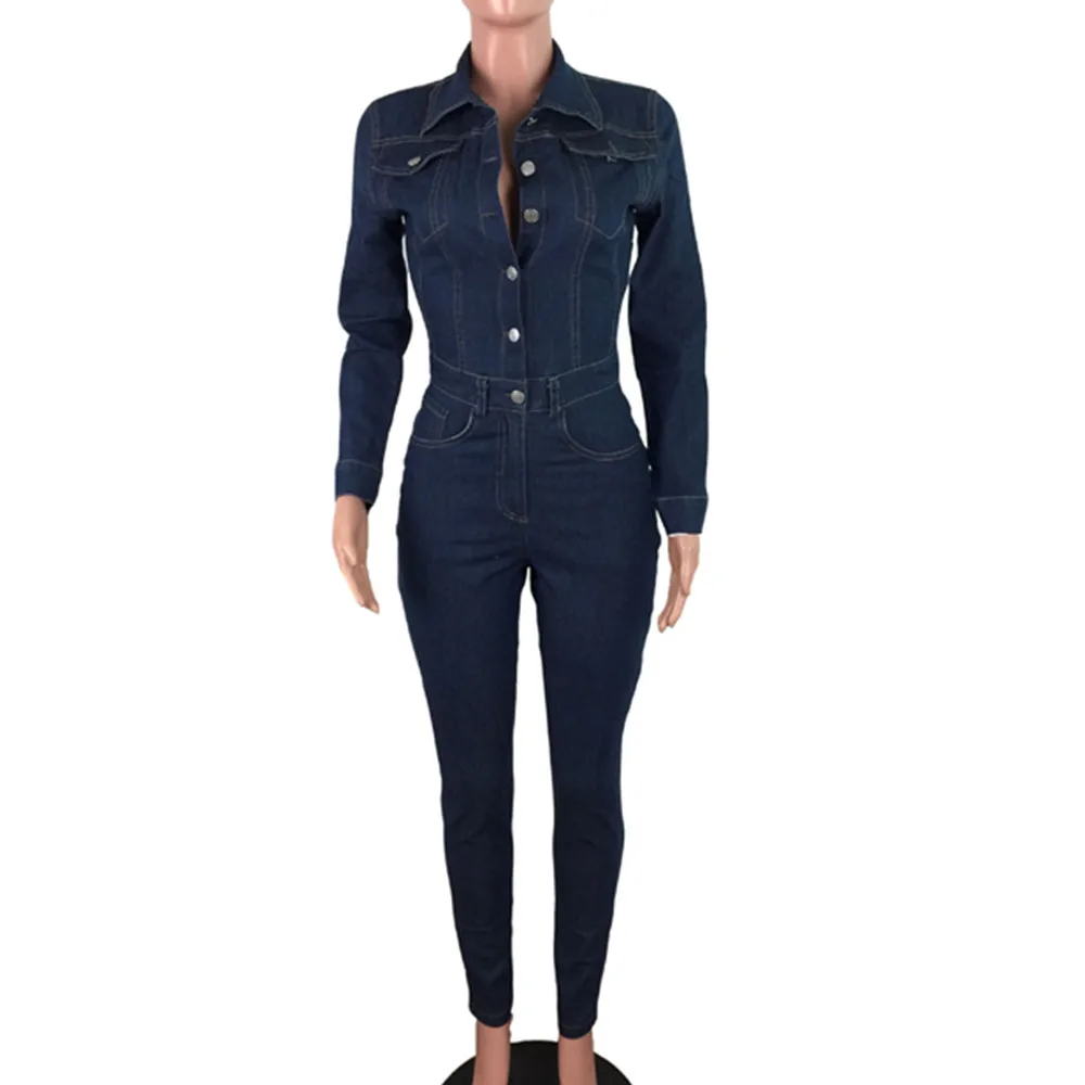 

Fashion Bodycon Long Sleeve Cotton Jeans Jumpsuit Denim Playsuit Women 2021 Plus Size 3XL Elegance Jeans Woman Romper Overalls