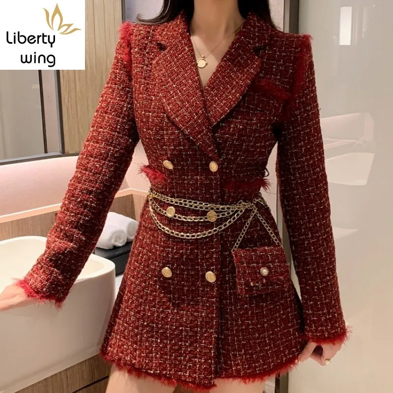 Spring Elegant Tweed Coat Female Brand Fashion Double Breasted Lapel Vintage Plaid Red Office Ladies Dress Suit Jacket
